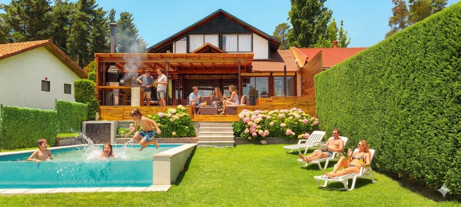 Casa de arriendo Orilla Lago Rapel con familia: niños saltando a la piscina, padres en reposeras, parrilla en la terraza